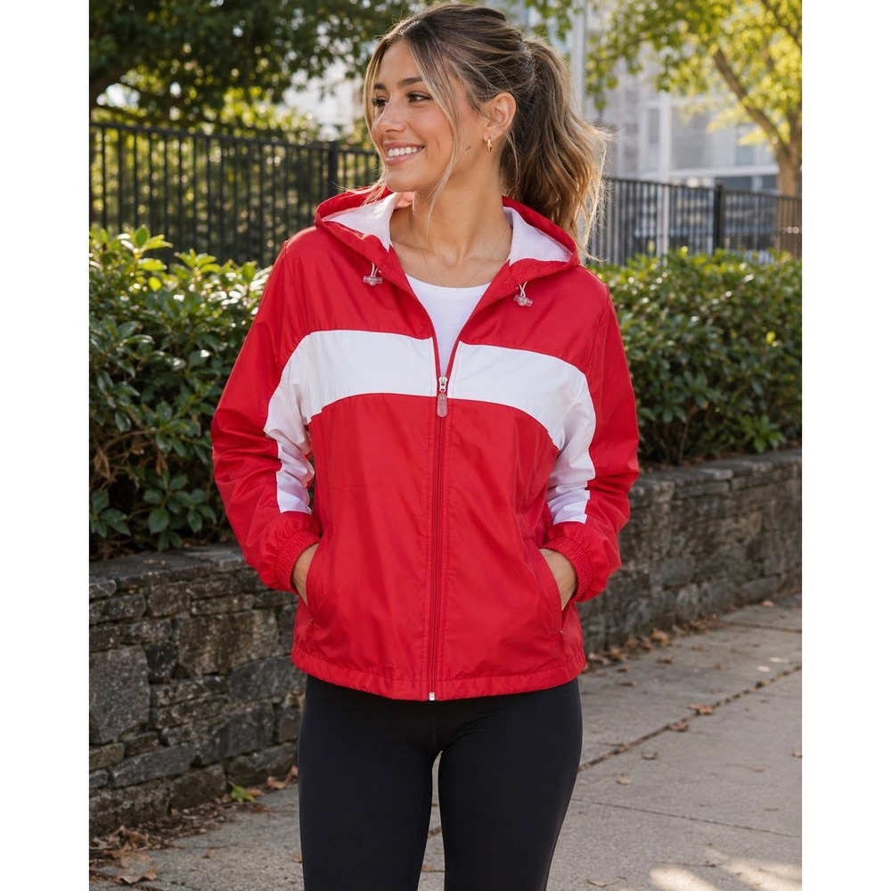 Lady Foot Locker Red White Woven Wind Jacket Hooded Full Zip Large new nwt vtg